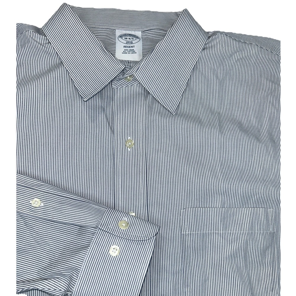 Brooks Brothers Regent Button Up Size 18-4/5, Blue/White/Black Pinstripe